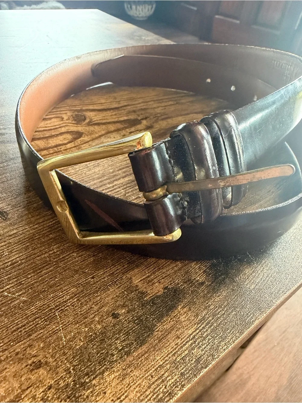 Allen Edmonds Brown Leather Belt with Gold Buckle